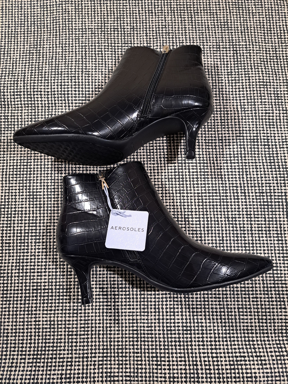 AEROSOLES Black Croc-Embossed Pointed Kitten Heel Ankle Booties